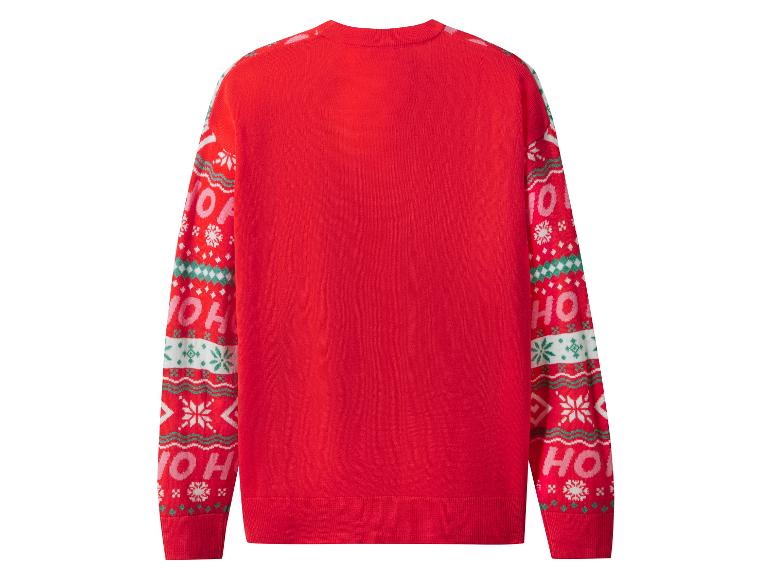 Dos d'un pull de Noël rouge avec le texte 'HO HO HO' et des flocons de neige.