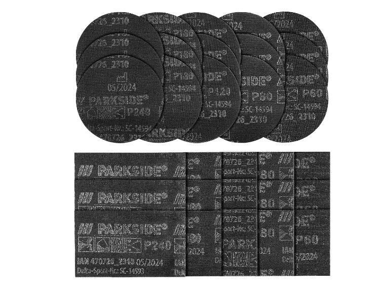 Disques abrasifs ronds et rectangulaires de différents grains, y compris P240, P180, P120 et P60.