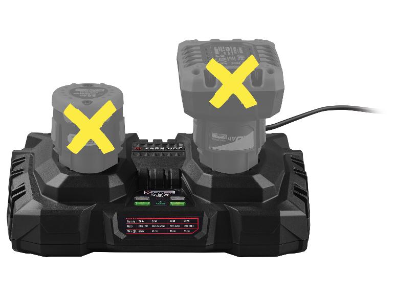Chargeur double Parkside pour batteries d'outils électriques.