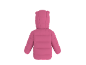 Doudoune rose pour enfant avec capuche et petites oreilles, vue de dos.