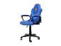 Chaise de bureau gaming bleue avec un emblème de super-héros rouge et jaune.