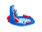 Centre de jeux gonflable avec toboggan, piscine et divers jeux, sur le thème des super-héros.