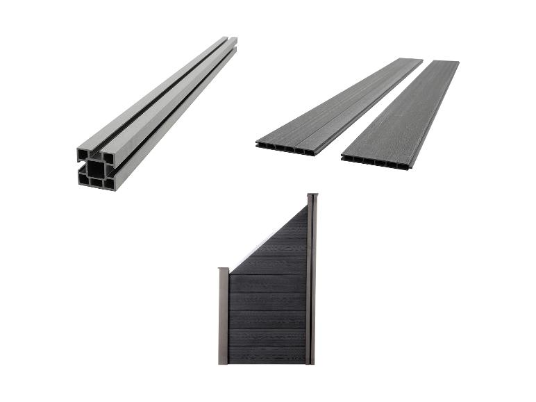 Éléments de clôture composite: poteaux, planches et un panneau fini.