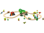 Circuit de train dinosaure en bois avec volcan, pont et voitures dinosaures.