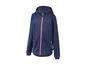 Une veste softshell bleue avec capuche et des détails orange.