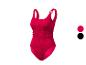 Maillot de bain une pièce texturé rouge avec un anneau sur la bretelle, présenté avec des options de couleur.