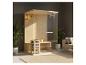 Sauna en bois avec porte vitrée et accessoires, situé dans un salon moderne.