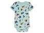 Un body bébé à manches courtes, bleu clair avec un motif d'avions, d'hélicoptères et de dinosaures.