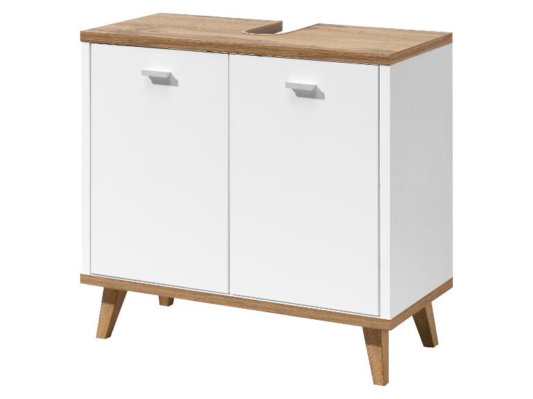 Meuble bas de salle de bain blanc et bois avec deux portes et pieds obliques.