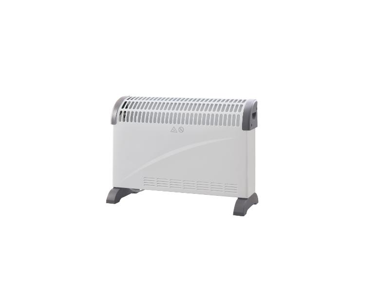 Radiateur électrique blanc avec des pieds gris sur fond blanc.