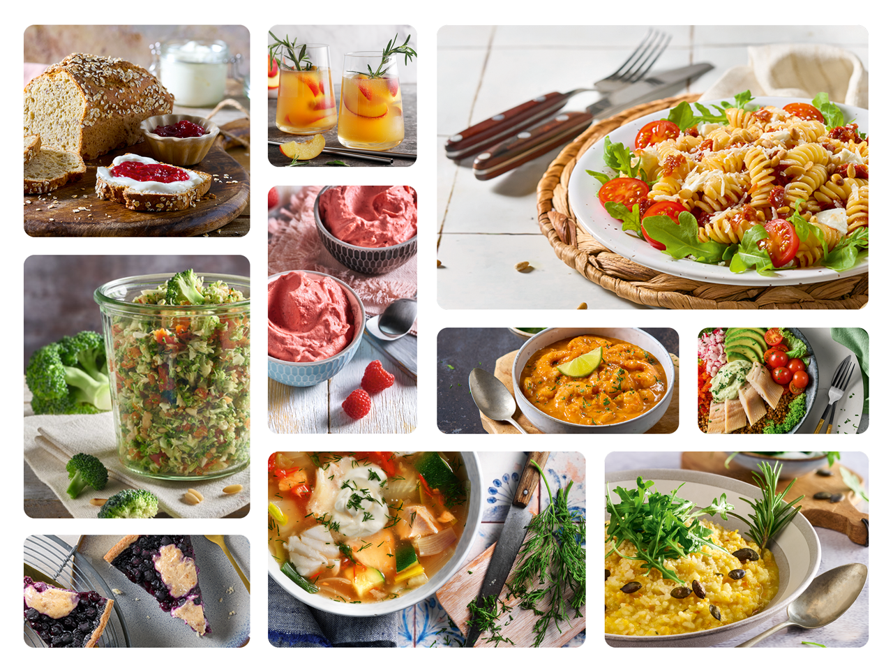 Une farbenfrohe Bilder-Collage mit einer Vielzahl von appetitlichen Gerichten, die mit dem Monsieur Cuisine compact zubereitet werden können. (Mit KI-Wasserzeichen)