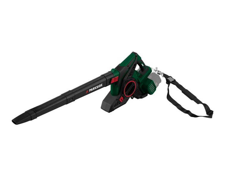 Un souffleur de feuilles Parkside vert avec une sangle noire.