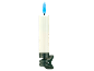 Bougie LED blanche avec flamme bleue et pince verte.