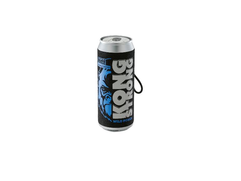 Canette de boisson énergisante noire et bleue avec un graphique de gorille et le texte «SUGAR FREE WILD POWER».