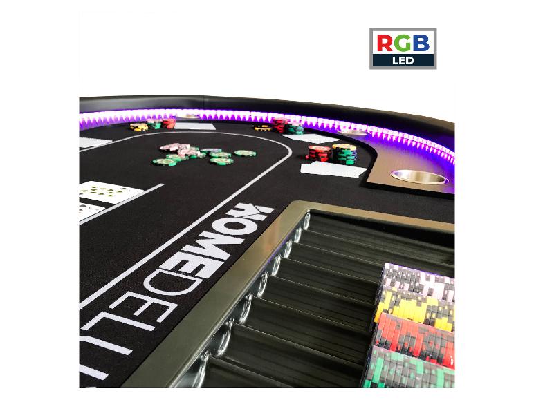 Table de poker noire avec éclairage LED RGB, jetons colorés et texte 'HOMEDELUX'.