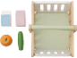 Jouets en bois : lait, jus de raisin, orange, carotte et un présentoir à deux niveaux.