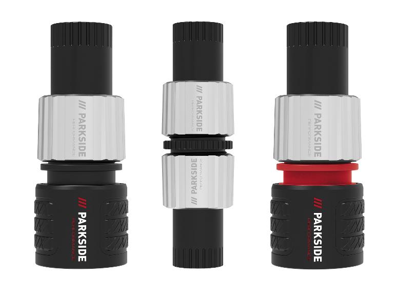 Trois accessoires d'outils Parkside Performance, noirs et argentés, dont un avec un accent rouge.