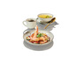 Une assiette de crevettes grillées, une soupe et une tasse de café.