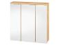 Meuble de salle de bain à trois portes miroir, finition bois clair.