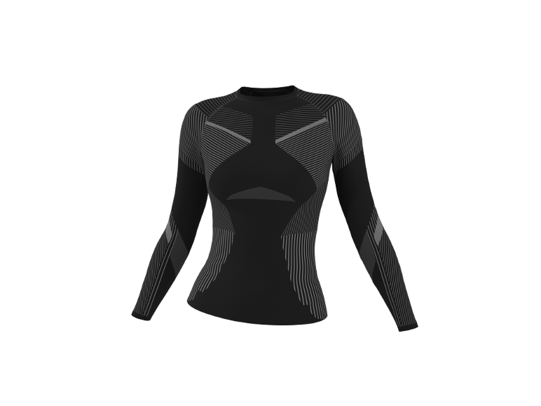T-shirt noir à manches longues avec rayures grises et motifs géométriques