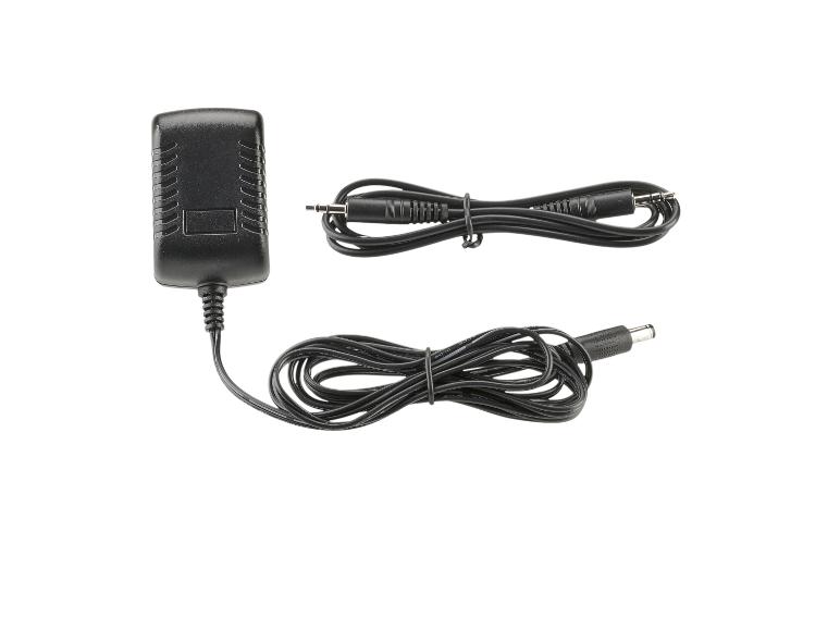 Adaptateur secteur noir et deux câbles noirs sur fond blanc.
