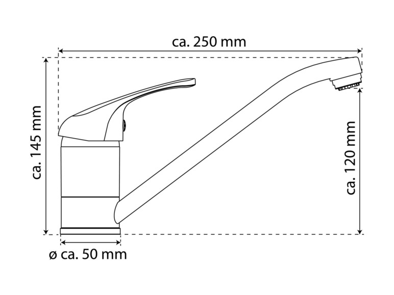 Un dessin d'un robinet de cuisine avec des dimensions.