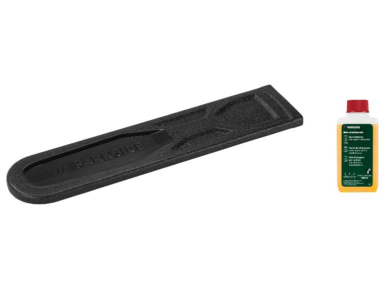 Huile de chaîne bio Parkside et un boîtier d'outil noir.