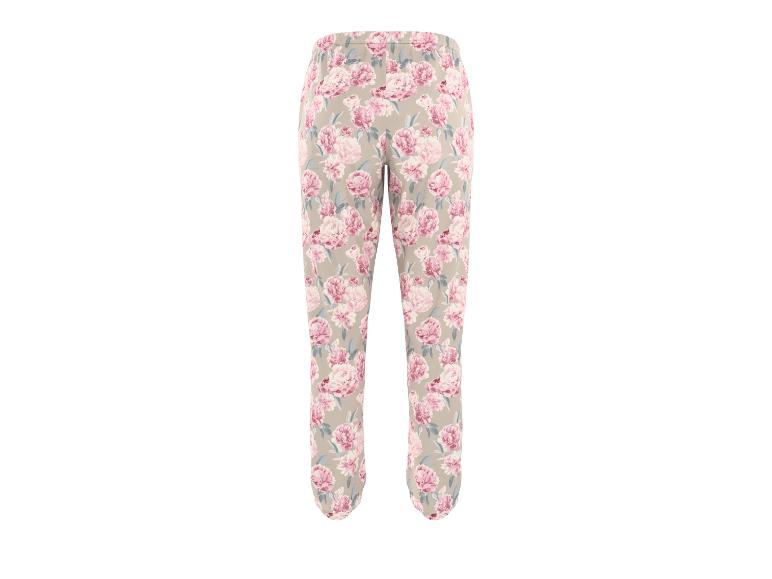 Pantalon beige à imprimé floral rose.