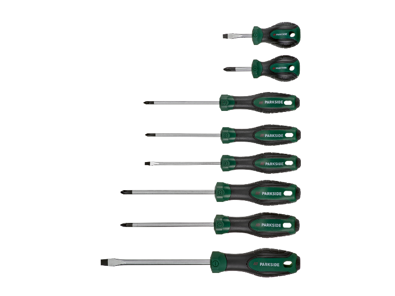 Jeu de tournevis Parkside : huit tournevis de tailles et de pointes différentes.