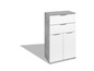Une commode blanche avec deux tiroirs et deux portes, avec un plateau en imitation béton gris.