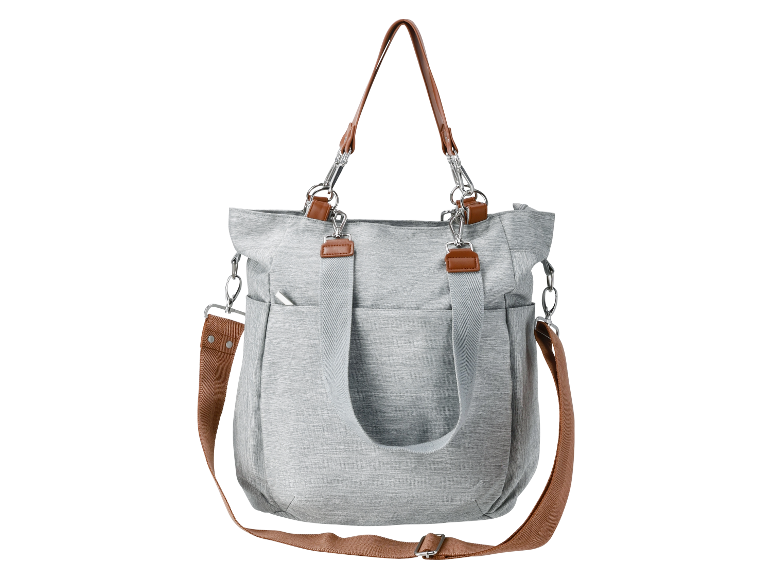 Sac à main gris en toile avec des lanières brunes.