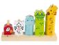 Jouets d'empilage en bois sur le thème des animaux, y compris une girafe, un crocodile, un hippopotame, un zèbre et un perroquet.