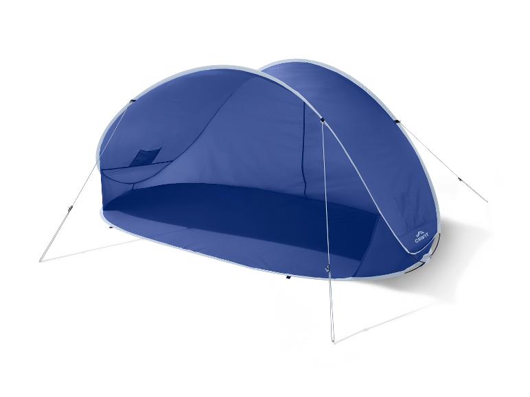 Tente de plage bleue avec poteaux de support et bordure claire