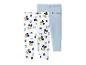 Deux paires de leggings bébé : un blanc avec des visages de Mickey Mouse et des pois bleus, un bleu clair avec le texte « Mickey ».