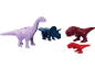 Dinosaures jouets: un long cou violet, un tricératops bleu et deux T-Rex rouges.