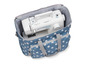Un sac bleu à pois blancs, contenant une machine à coudre.