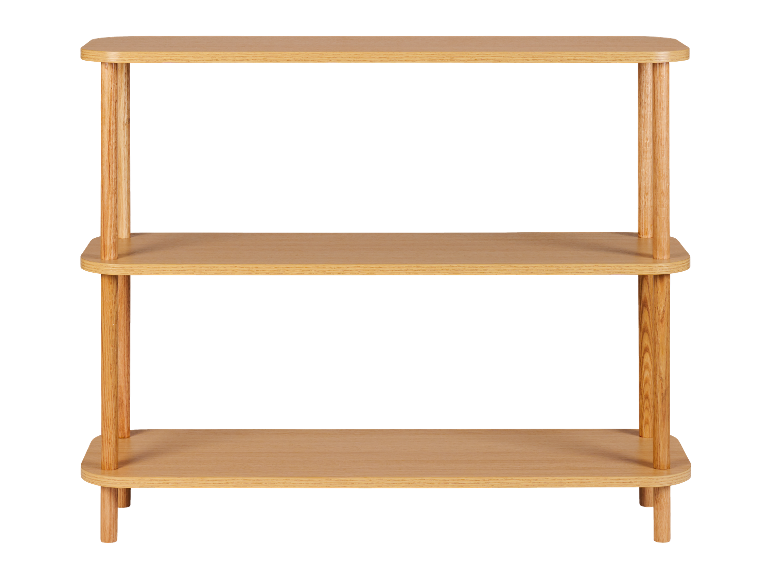 Une étagère en bois à trois niveaux, finition bois clair brun.