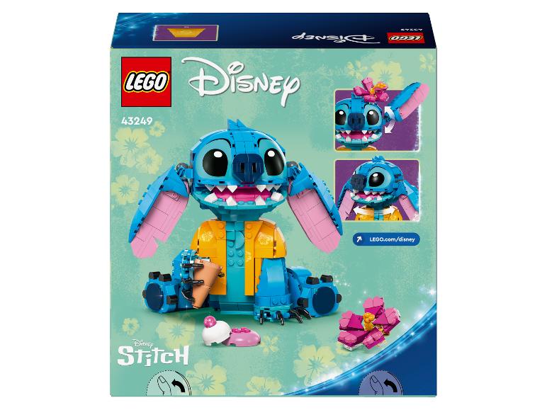 Boîte LEGO Disney Stitch présentant le modèle assemblé de Stitch et des détails.