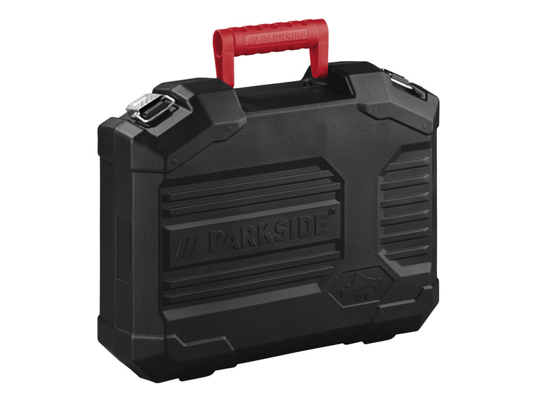 Une boîte à outils noire Parkside avec une poignée rouge.