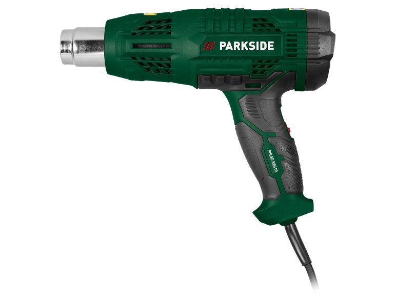 Un pistolet thermique Parkside vert et noir avec buse argentée.