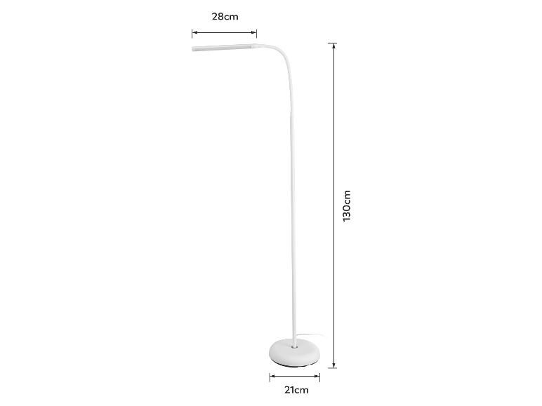 Lampadaire blanc d'une hauteur de 130 cm, d'une longueur de tête de 28 cm et d'un diamètre de base de 21 cm.