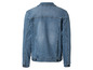 Une veste en jean bleue, vue de dos.