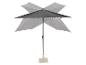 Parasol de jardin gris foncé avec une base gris clair, montré avec plusieurs positions de toile.