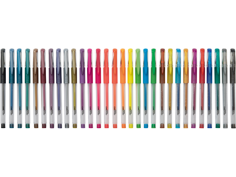 Une collection de 30 stylos gel colorés Crelado dans diverses nuances.
