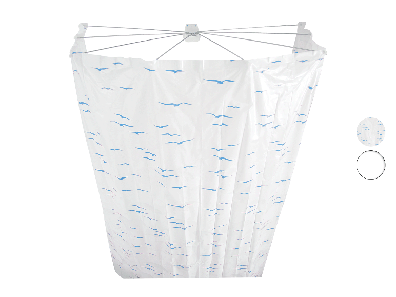 Rideau de douche à motif d'oiseaux marins, monté sur un support télescopique.