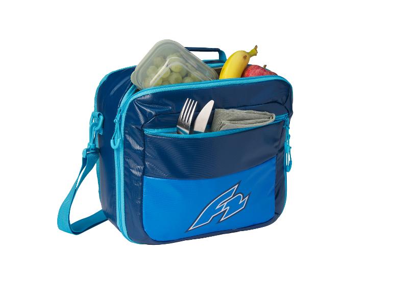 Sac isotherme bleu avec fruits et couverts.