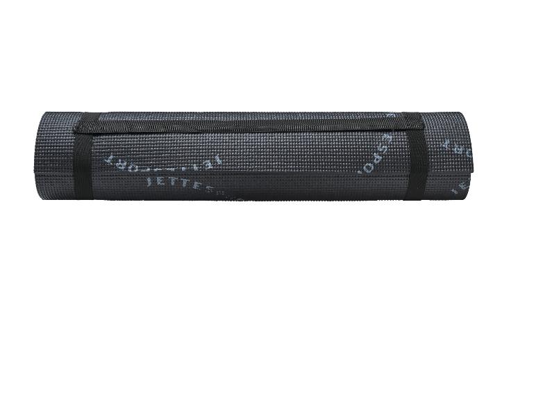 Tapis d'exercice noir roulé avec texte 'JETTESS SPORT' et sangles