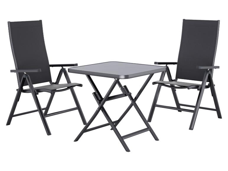 Ensemble de jardin: deux chaises pliantes et une table carrée pliante en anthracite.