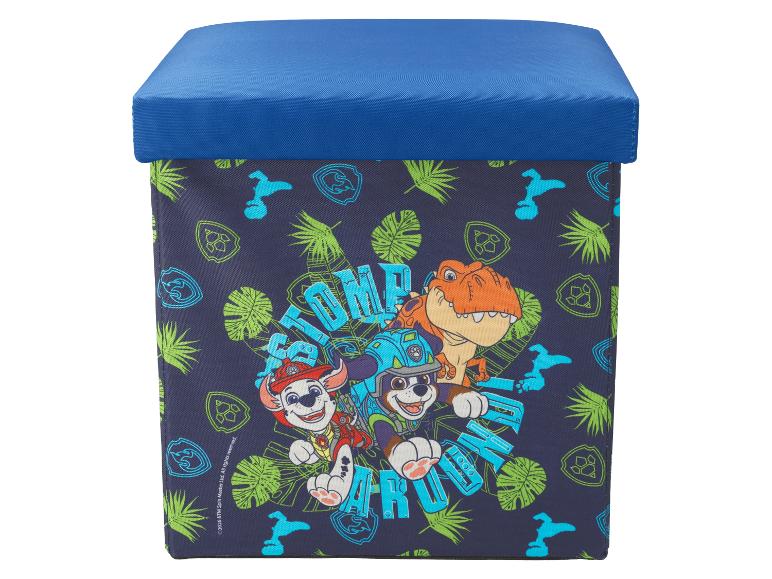 Pouf de rangement bleu pour enfants avec personnages de dessins animés et texte 'STOMP AROUND'.