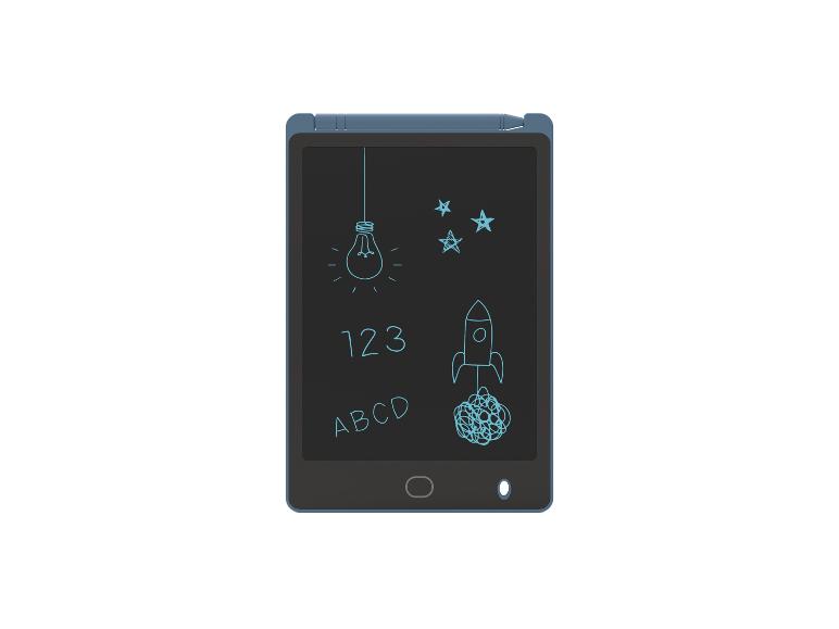 Une tablette d'écriture LCD noire avec un stylet bleu clair.